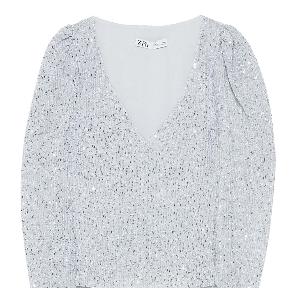 Zara Metallic Silver V-Neck Blouse